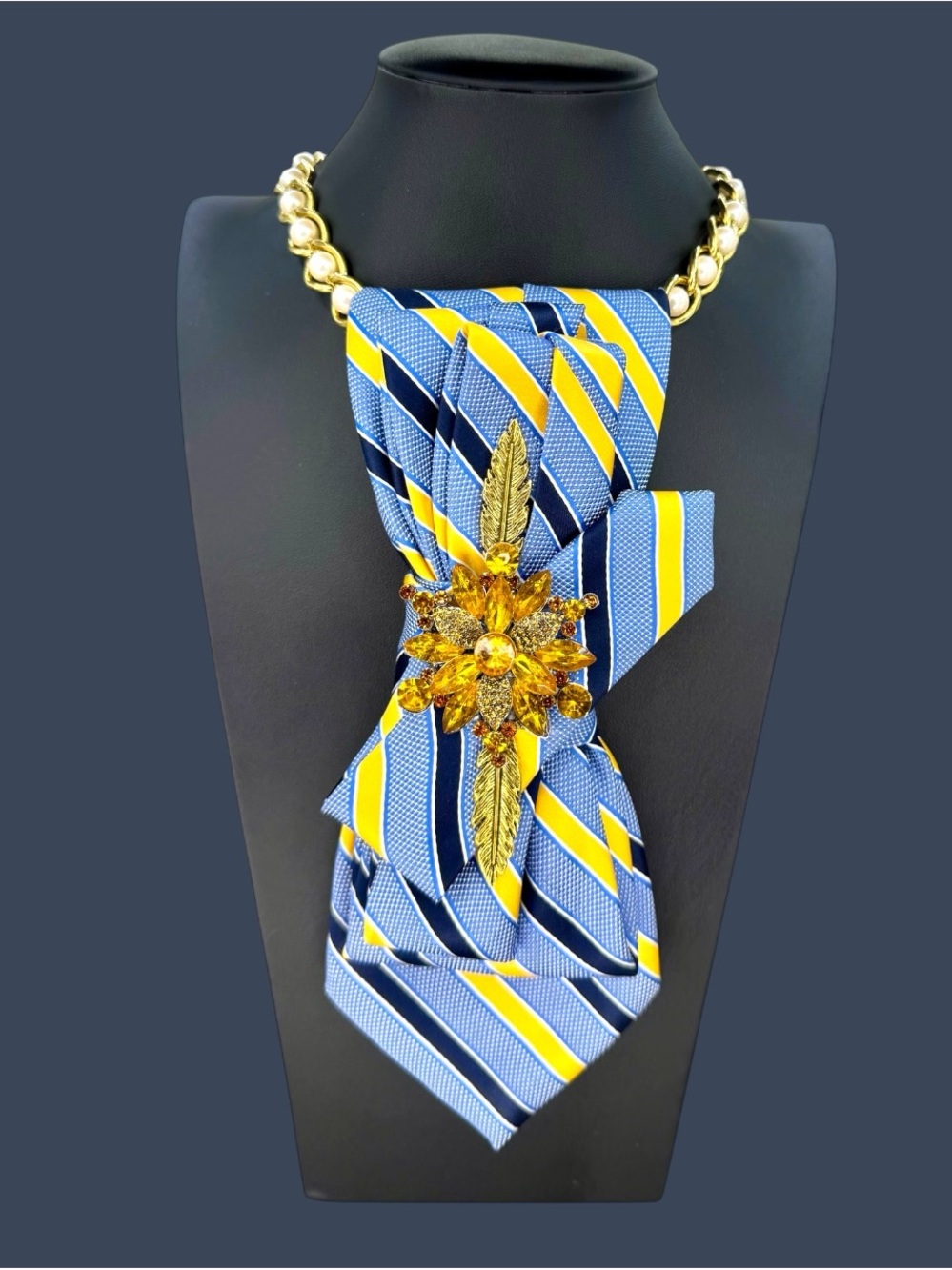Blue Gold Statement Necktie Necklace, One-of-a-Kind Embellished Tie, Jeweled Wea
